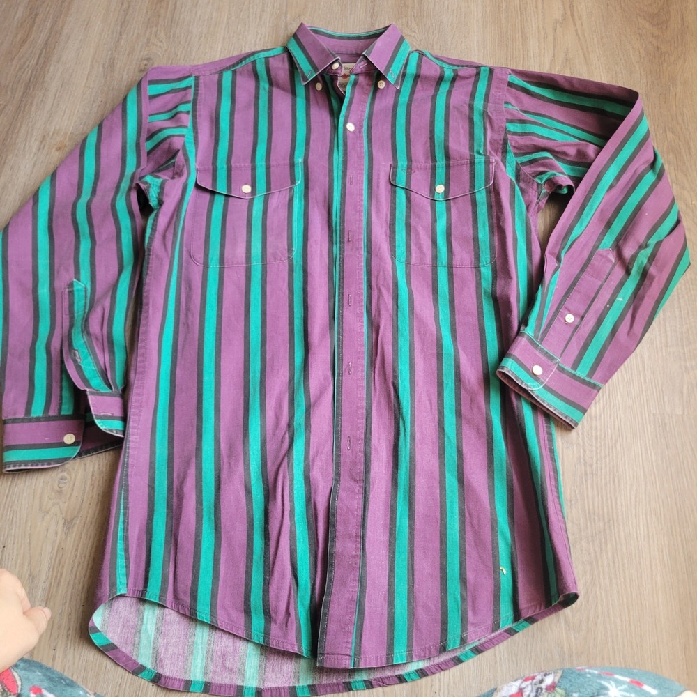 Mid-West Garment Co Mens Shirt 15.5 Purple Teal Striped Cotton Western Vintage